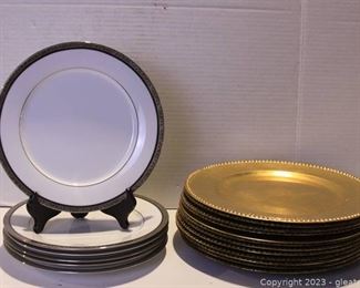 Contemporary Fine China Dinner Plates by Noritake and Gold Toned Chargers