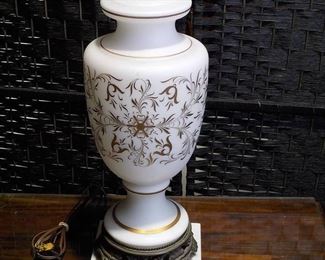 Elegant Vintage Hollywood Regency Glass Table Lamp with Gold Tone Pattern and Accents