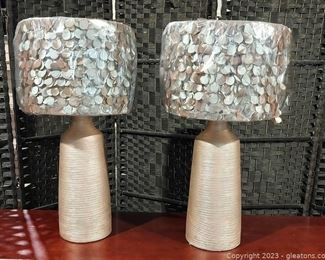 Pair of Gold Ribbed Table Lamps with Petal Shades