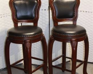 Pair of Swivel Wooden Bar Stools with Nailhead Trim