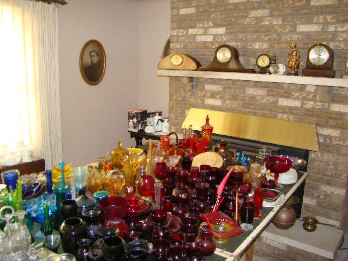 Selection of Colored Glass and Clocks