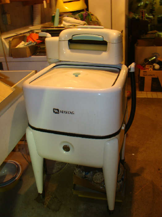 Blue and White Magtag Wringer Washer