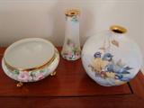 Hand Painted China Blue Bird Vase, Roses Hat Pin Holder and Matching Dish
