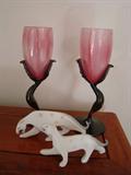 Pair of Art Signed and Dated Goblets , Pair of China Cats