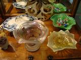 Flow Blue Covered Casserole, Loetz Art Glass Vase, Vaseline Opalescent Glass Bowls footed
