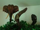 Large Carved Elephant Head, and Pair of Carved Heads African Art Style