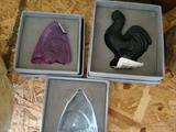 Lalique Frosted Lavendar Butterfly, Crystal Butterfly and Black Frosted Rooster
