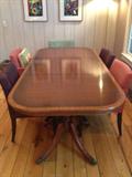 Elegant English Triple Pedestal Dining Room Table w 2 Leaves Sets from 6 to 12 Easily.