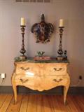 Green Marble Top Birds Eye Maple Bombay Chest, Nice Heavy tall Candlesticks and Carved Turtle.