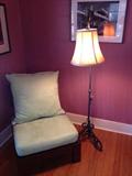 Green Occassional Chair with Custom Made Pillow, Cast Iron Floor Lamp