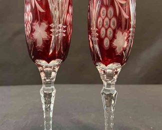 Red Cut To Clear Crystal Champagne Poland Bohemian Glass 2pcs