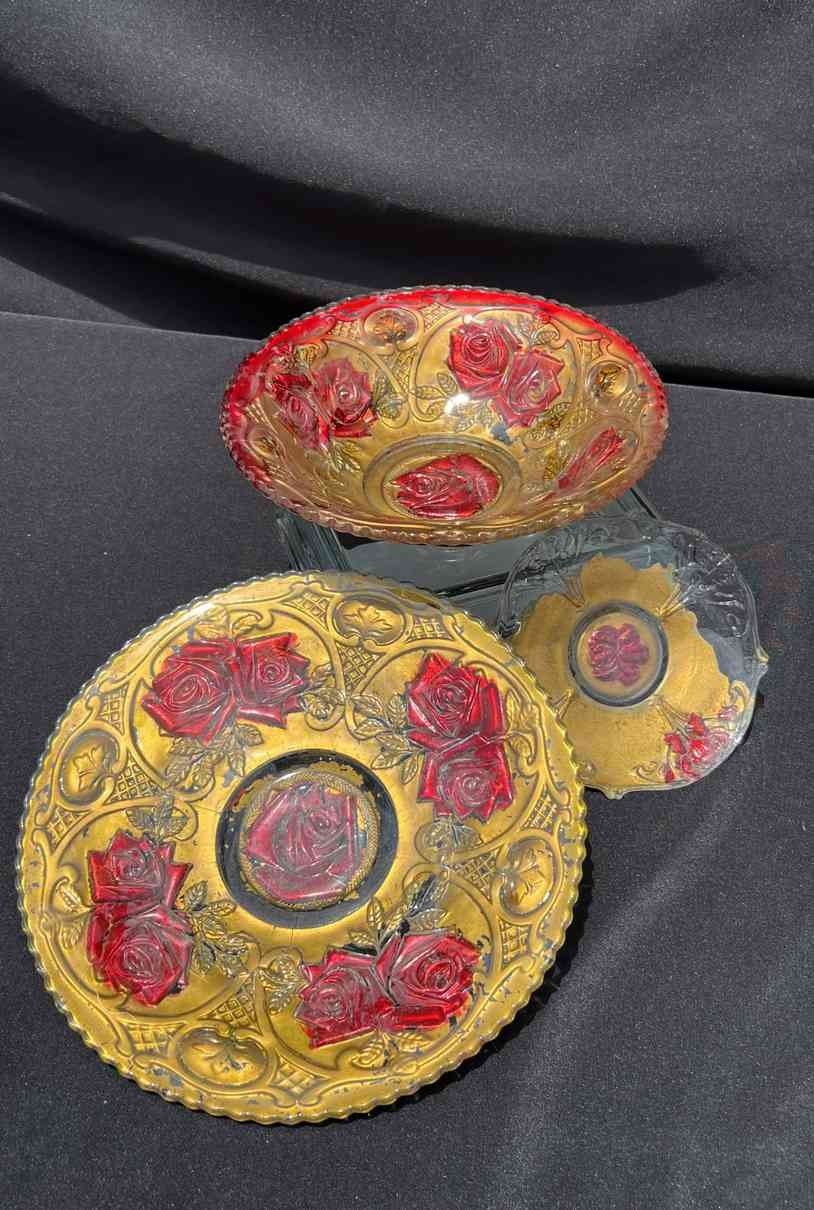 3pcs Goofus Hand Painted Gold Red Roses 
