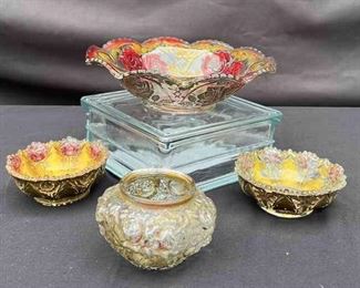 Goofus Glass Hand Painted Gold Red Roses Bowl Jar 4pcs