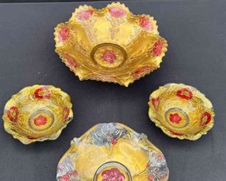 Goofus Glass Hand Painted Gold Red Flowers 4pcs