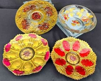 Goofus Glass Hand Painted Gold Red Flowers Large Platters4pcs