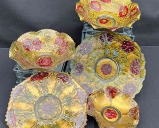 Goofus Glass Hand Painted Gold Red Roses Bowl Plates 5pcs