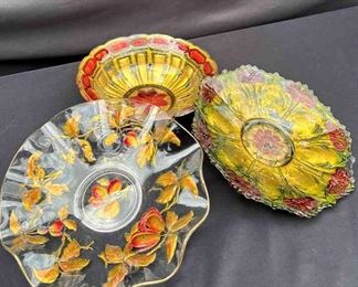 Goofus Gold Red Hand Painted Glass Platter Bowls