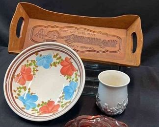 Ironstone Large Bowl Industria Ceramica, Vintage Red Rose Plate Vintage Carved Wood Tray