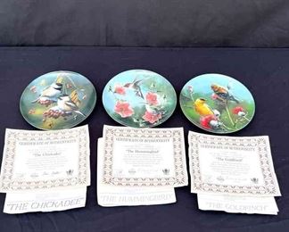 Kevin Daniel The Hummingbird, The Chickadee Bird, The GoldFinch Collectable Plates 3pcs