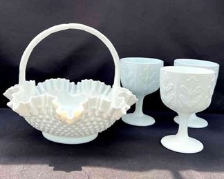Milk Glass Basket FTD Oak Leaf Milk Glass