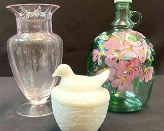 Milk Glass, Pink Blown Crystal Hand Painted Vase