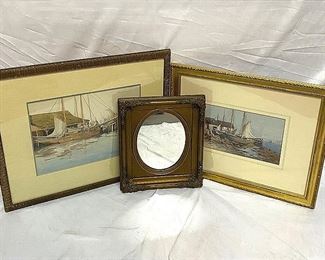 Antique Gilt Oval Mirror Provincetown Seascape Framed Art