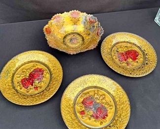Goofus Glass Hand Painted 4pcs Gold Red Roses Bowl Plates