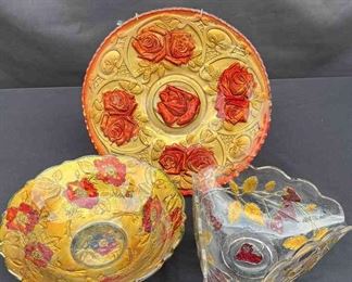 Goofus Glass Hand Painted Gold Red Flowers more 4pcs