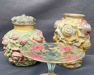 3pcs Goofus Glass Hand Painted Gold Red Flowers