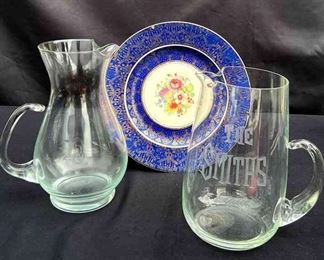 24Kt Gold Cobalt Blue Gold Plate Crystal Glass Pitchers 3pcs