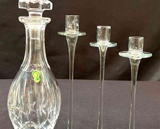 Waterford Glass Crystal Decanter Trio of GlassTaper Thin Stems Candleholders 4pcs