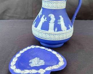 Wedgwood Jasperware Dark Blue Jug Pitcher Wedgwood Spade Shaped Plate with Chariot Rider