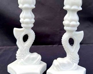 Westmoreland Dolphin Milk Glass Candelabra Set
