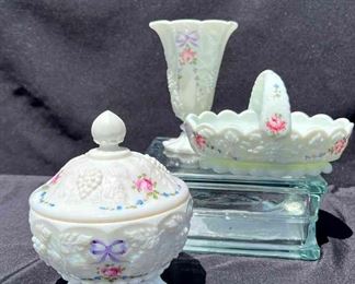 Westmoreland Hand Painted Floral Milk Glass 3pcs