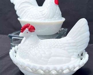 Westmoreland Milk Glass Hen In A Basket 2 Sets