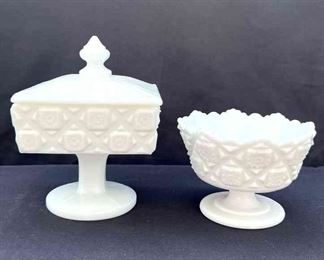 Westmoreland Milk Glass Pedestal Quilted Design 2pcs