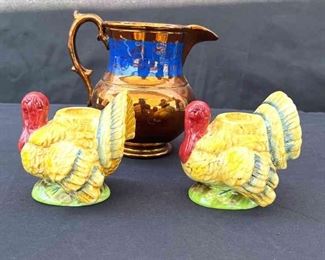 Vintage Copper Luster Porcelain Pitcher with Blue Band Leaf Pattern Turkey Salt Pepper Shakers