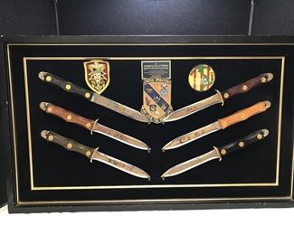 Lot 2 |
American Elite Forces Fighting Knife Collection#90
John EK Commemorative Fighting Knife Set 2500 sets were made exclusively for American Historical Foundation to commemorate Air Special Operations, U.S. Marines Recon, U.S. Army Special Forces, U.S. Airborne Forces, U.S. Navy Seals/UDT, U.S. Army Rangers. 6 knives M: 31" x 18".