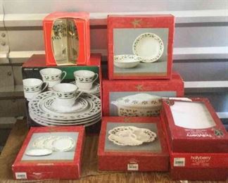 12Piece Dinner Set, Salad Plates, Holly Berry Flatware, Casserole Dish, Vegetable Bowls