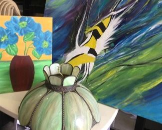 Beautiful Hanging Glass Lamp 2 Original Paintings