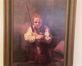 Captivating Beauty Girl with a Broom Brush Stroke Print in Exquisite 23 x 29 Frame