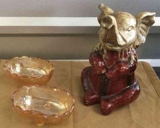 Enchanting Elephant Decor and Carnival Glass Bowls A Captivating Trio of Artistry and Charm
