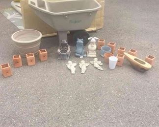 Whimsical Delights Pot Holder, Frogs, Cupids, Flower Pots Vintage Wagon