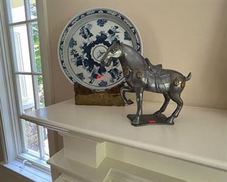 ASIAN BLUE & WHITE + PEWTER CHINESE TANG HORSE STATUE