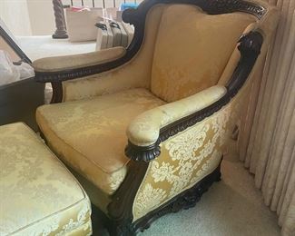 Antique Replica Hardwood Chair and Ottoman