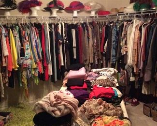 Large lot of clothing, shoes, handbags, Derby hats. Most clothing is medium & large