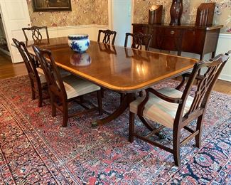 English banded mahogany dining table 29"h x 72"x 48" d long plus two 24" leaves