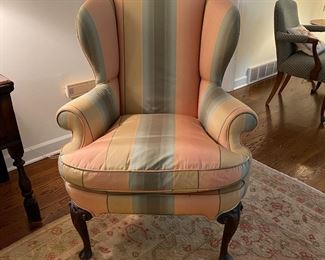 Queen Anne style wing chair in silk upholstery                       45"h x 35"w x 32"d