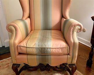 George I style wing chair carved hoof feet in silk upholstery   48"h x 34"w x 33"d