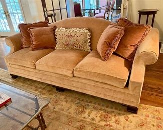 Kindel bracket foot sofa in antique coral velvet                                                        36"h x 94" long x 37"d
